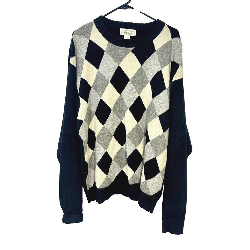 Lambswool‎ Preppy Argyle Knit Sweater XXL Gray Black Academia Old Money Vintage